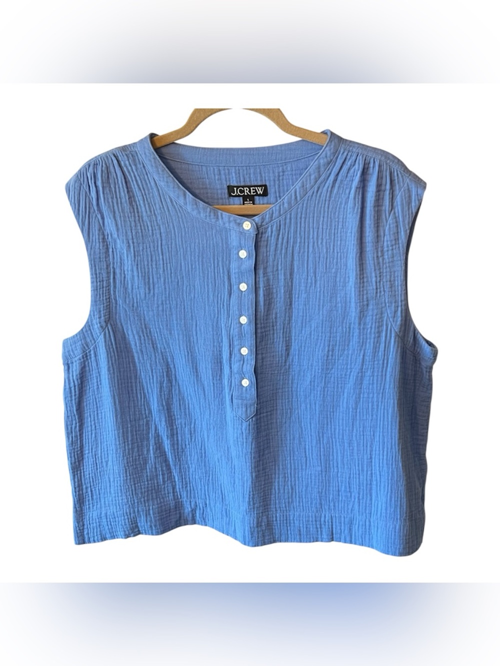 J.Crew Cora Soft Sleeveless Button Henley Top Blue EauC Sz Large - Picture 2 of 8